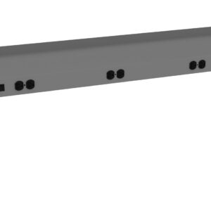 A long, gray metal power strip designed for mounting, featuring multiple black electrical outlets and a red switch on one end. The strip has a sturdy, rectangular shape and brackets for installation.