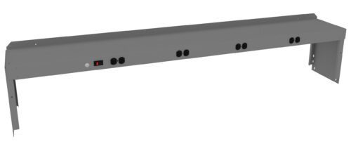 A long, gray metal power strip designed for mounting, featuring multiple black electrical outlets and a red switch on one end. The strip has a sturdy, rectangular shape and brackets for installation.
