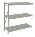 Three-tier metal shelving unit with vertical and horizontal supports, designed for storage. The shelves are evenly spaced and have a minimalistic, industrial appearance. The unit is freestanding, shown against a plain white background.