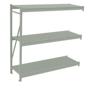 Three-tier metal shelving unit with vertical and horizontal supports, designed for storage. The shelves are evenly spaced and have a minimalistic, industrial appearance. The unit is freestanding, shown against a plain white background.