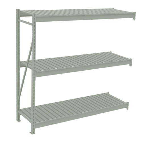 Three-tier metal shelving unit with vertical and horizontal supports, designed for storage. The shelves are evenly spaced and have a minimalistic, industrial appearance. The unit is freestanding, shown against a plain white background.