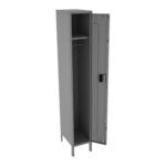 A gray metal locker with a partly open door. It features an upper shelf and a hanging rod inside. The locker has a black lock mechanism on the door and stands on small legs.