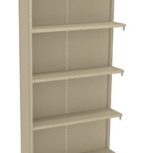 A beige metal bookshelf with five adjustable shelves, featuring perforated sides for customization. The design is utilitarian and suitable for storage or organization in home or office settings.