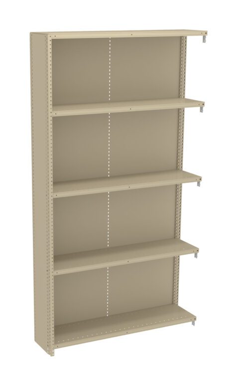 A beige metal bookshelf with five adjustable shelves, featuring perforated sides for customization. The design is utilitarian and suitable for storage or organization in home or office settings.