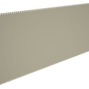 A large rectangular sheet of translucent or opaque material is shown at an angle. The sheet has evenly spaced small holes along the top and bottom edges, resembling a piece of perforated paper or film.