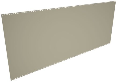 A large rectangular sheet of translucent or opaque material is shown at an angle. The sheet has evenly spaced small holes along the top and bottom edges, resembling a piece of perforated paper or film.