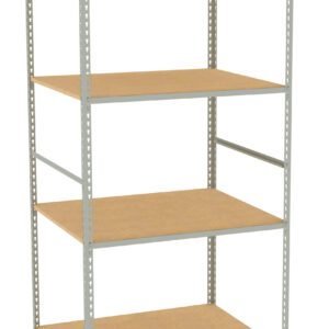 A metal shelving unit with four wooden shelves. The frame is silver and open on all sides, providing ample storage space. The shelves are evenly spaced and empty, suitable for organizing items in a garage or storage room.