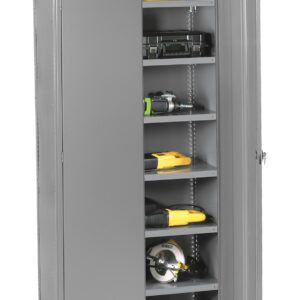 A tall, gray metal storage cabinet with one door open, revealing five shelves. The shelves hold various tools and items, including hard cases, power drills, a helmet, and other equipment. The cabinet has a simple, industrial design.