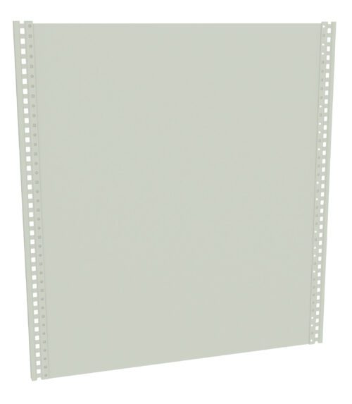 A plain, light gray rectangular panel is centered against a white background. It has evenly spaced perforations along the sides, resembling a metal sheet or an industrial component.
