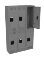 Image of a gray six-compartment locker with one door open, revealing a spacious interior. The locker doors have ventilation slits and rectangular handles. The design is industrial and clean.