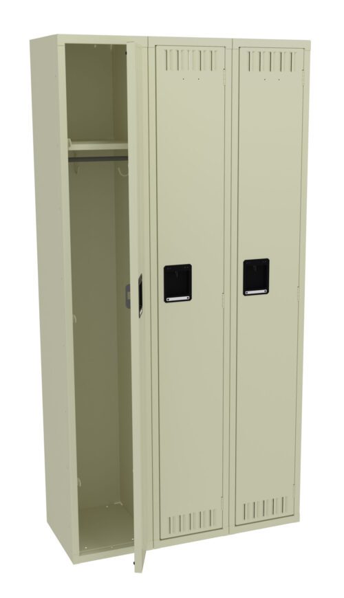 bxwux6mm5rms5fjoqbtu.jpg A beige metal locker with three compartments is shown. One door is open, revealing a shelf and a hanging rod inside. The locker features ventilation slits and black handles on each door.