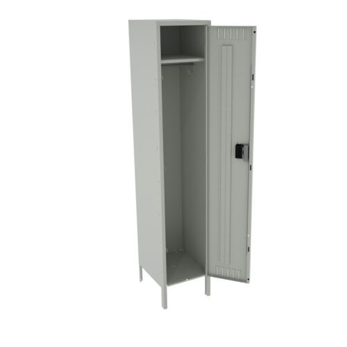 A tall, gray metal locker with one door open, revealing an interior shelf and a hanging hook. The locker is simple and functional, suitable for storing personal items. The door has a lock mechanism visible.