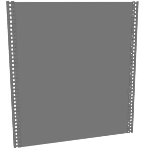 A 3D rendered image of a tall, flat, gray metal panel with perforated edges, possibly used as part of a shelving unit or construction framework. The panel is set against a plain white background.