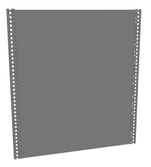 byastgdv7vbpd2p40dss.jpg A 3D rendered image of a tall, flat, gray metal panel with perforated edges, possibly used as part of a shelving unit or construction framework. The panel is set against a plain white background.