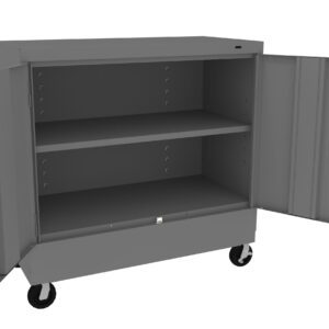 A gray metal storage cabinet with open double doors, revealing two shelves inside. The cabinet is on wheels, allowing for easy mobility. The design is simple and industrial, suitable for organizing tools or supplies in a workshop or garage.