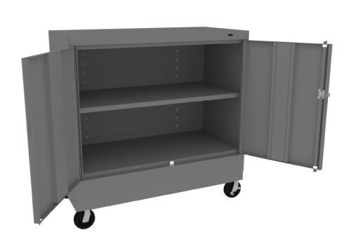 byt8xbz8fojwxizekrtb.jpg A gray metal storage cabinet with open double doors, revealing two shelves inside. The cabinet is on wheels, allowing for easy mobility. The design is simple and industrial, suitable for organizing tools or supplies in a workshop or garage.