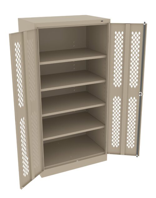 Beige metal storage cabinet with lattice-design doors open, revealing five adjustable shelves inside.