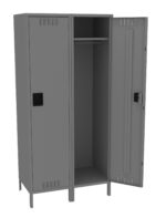 Gray metal locker with three compartments on a white background. The left compartment is closed, the middle door is open showing a hanging rod, and the right door is slightly ajar.