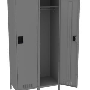 Gray metal locker with three compartments on a white background. The left compartment is closed, the middle door is open showing a hanging rod, and the right door is slightly ajar.