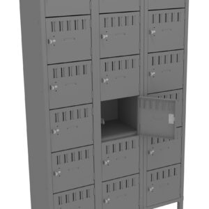 A gray metal locker unit with three vertical columns, each containing four small compartments. One compartment in the middle is open, revealing an empty interior. Each locker has a handle and a ventilation grille.