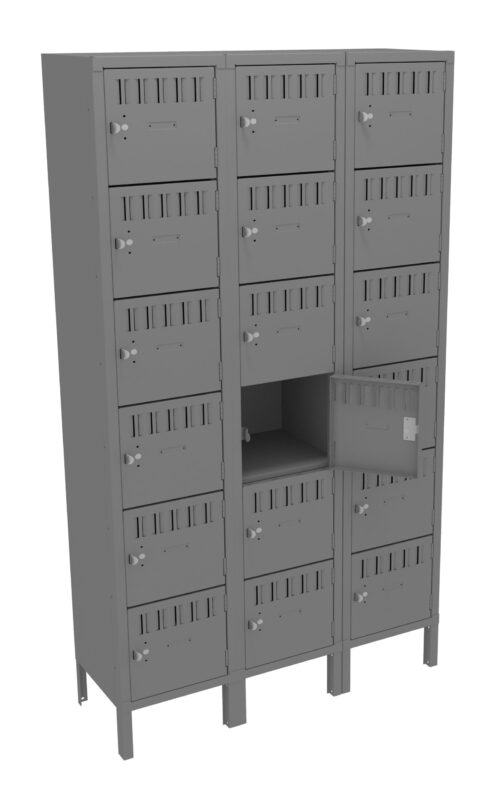 A gray metal locker unit with three vertical columns, each containing four small compartments. One compartment in the middle is open, revealing an empty interior. Each locker has a handle and a ventilation grille.
