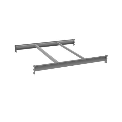 A gray metal soffit two-way support structure with two parallel horizontal beams and three vertical connectors positioned perpendicularly, designed for installation in construction projects.