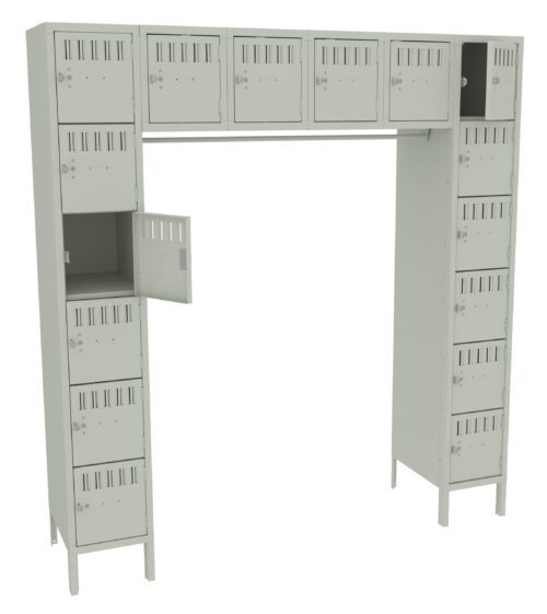 A beige metal locker unit with multiple compartments. The unit has two vertical columns and a row of smaller lockers on top. Some locker doors are closed, while one is partially open, revealing an empty interior.