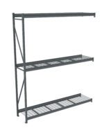 A metal shelving unit with three wire shelves and vertical supports, shown against a white background. The design is open and industrial, suitable for storage or organization in a warehouse or garage.