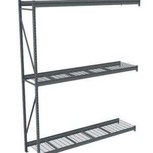 A metal shelving unit with three wire shelves and vertical supports, shown against a white background. The design is open and industrial, suitable for storage or organization in a warehouse or garage.