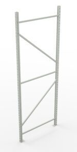 A metal shelving unit frame with horizontal and diagonal braces. It has a minimalistic design with a light gray finish. The frame is set against a white background.