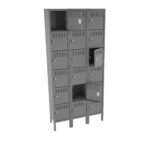 A large, gray metal locker unit with three columns and five rows of lockers. Some locker doors are closed, while a few are open, revealing empty compartments inside. The unit stands on four legs.