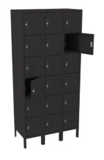 Black metal locker unit with three columns and five rows of square compartments. Two compartments are open, revealing empty spaces inside. Each has a keyhole and ventilation slots. The unit stands on legs.