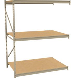 A three-tier metal shelving unit with wooden shelves, shown against a white background. The structure is supported by a metal frame with adjustable slots for versatile shelf placement.