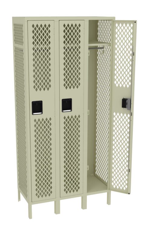 A set of three beige metal lockers with a diamond pattern. The middle locker is open, showing a shelf and hanging rod inside. The lockers have black rectangular handles.
