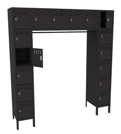 c5bf2fso9ekxprmf3fev.jpg Black metal lockers form a U-shape. There are two vertical columns of lockers on each side and a row of smaller lockers on top. Some lockers doors are slightly open, showing empty compartments.