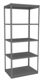 A tall, gray metal shelving unit with five flat shelves. The shelves are evenly spaced, and the frame has perforated edges for adjustable shelf placement. The unit stands alone against a white background.
