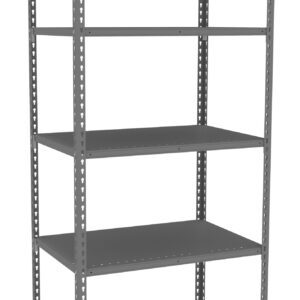 A tall, gray metal shelving unit with five flat shelves. The shelves are evenly spaced, and the frame has perforated edges for adjustable shelf placement. The unit stands alone against a white background.
