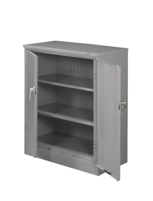 A gray metal cabinet with two open doors revealing three shelves. The cabinet is empty and stands on a flat white surface.