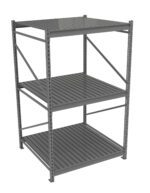 A gray metal shelving unit with three slatted shelves. The structure has vertical supports with holes for adjustable shelving and cross braces for stability.