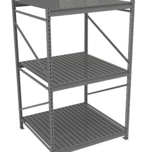 A gray metal shelving unit with three slatted shelves. The structure has vertical supports with holes for adjustable shelving and cross braces for stability.