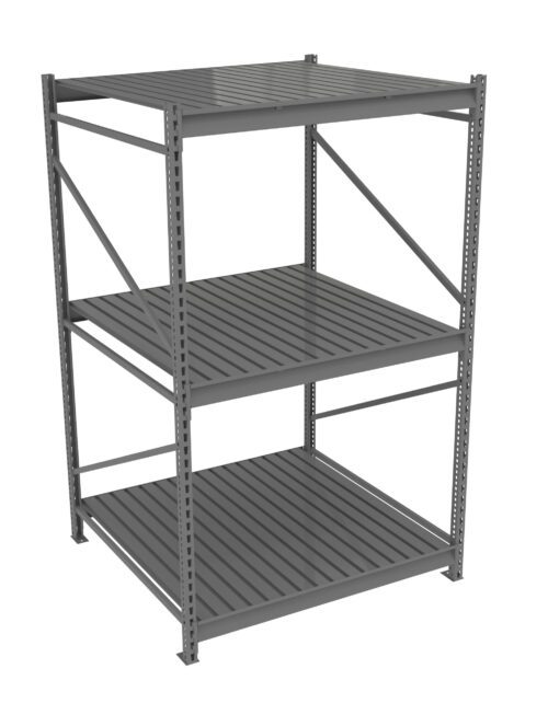c67w9gfhz1o0oskukhil.jpg A gray metal shelving unit with three slatted shelves. The structure has vertical supports with holes for adjustable shelving and cross braces for stability.