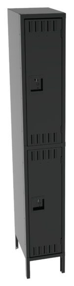 A tall, narrow, gray metal locker with two black doors, each featuring a vent and a handle. The locker stands on four legs and has a minimalist design.
