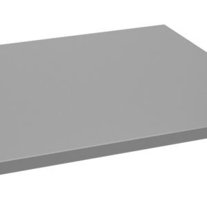 A gray, square metal shelf with a thin profile and smooth surface. The shelf has holes for mounting or securing.