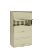 A beige, five-drawer filing cabinet with the top drawer slightly open, revealing divided compartments. The cabinet features a lock on the top drawer and is set against a plain white background.