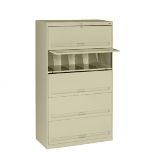 A beige, five-drawer filing cabinet with the top drawer slightly open, revealing divided compartments. The cabinet features a lock on the top drawer and is set against a plain white background.