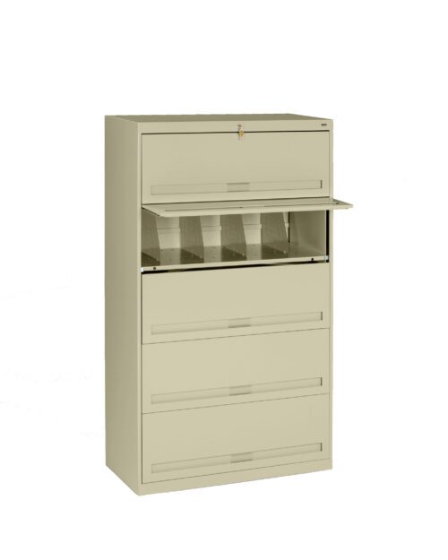 A beige, five-drawer filing cabinet with the top drawer slightly open, revealing divided compartments. The cabinet features a lock on the top drawer and is set against a plain white background.