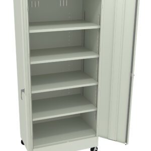 A tall, light gray metal storage cabinet on wheels with one door open, revealing four adjustable shelves inside. The cabinet has a handle on the left side and a flat top.