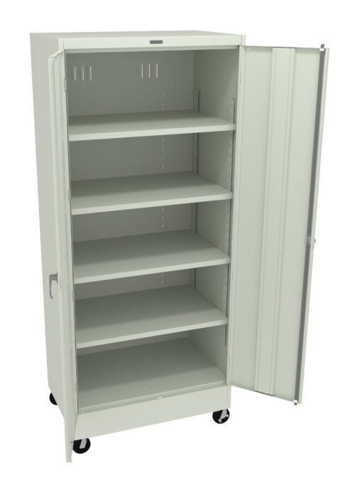 c9is4me7g9a3dzdjo9gb.jpg A tall, light gray metal storage cabinet on wheels with one door open, revealing four adjustable shelves inside. The cabinet has a handle on the left side and a flat top.