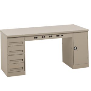A beige, rectangular office desk with a set of four drawers on the left, a central panel with built-in power outlets and USB ports, and a storage cabinet on the right, featuring a lockable door.