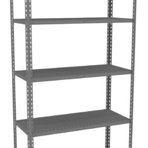 A tall, gray, five-shelf metal storage rack with an open, minimalist design. Each shelf has a perforated frame, suitable for storing various items. The rack is empty and stands on a white background.